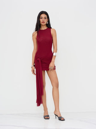 Mesh Draped Ruched Knotted Mini Dress