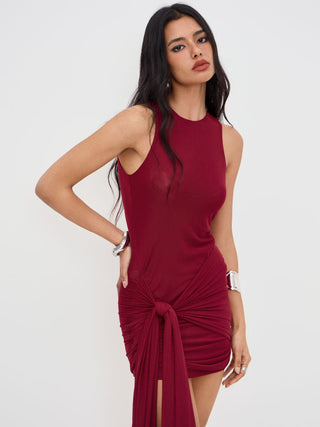 Mesh Draped Ruched Knotted Mini Dress