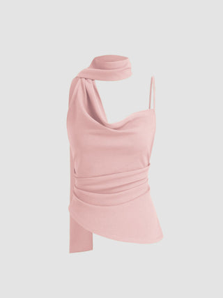 Halter Neckline Ruched Cami Top With Scarf