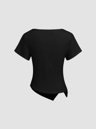 Cotton-blend Boat Neck Ruched Asymmetrical Hem Tee