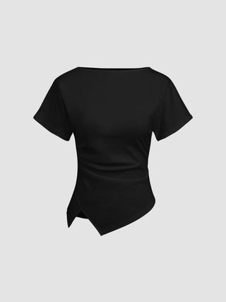 Cotton-blend Boat Neck Ruched Asymmetrical Hem Tee