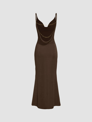 Cowl Neck Backless Chain Detail Cami Mermaid Maxi Dress