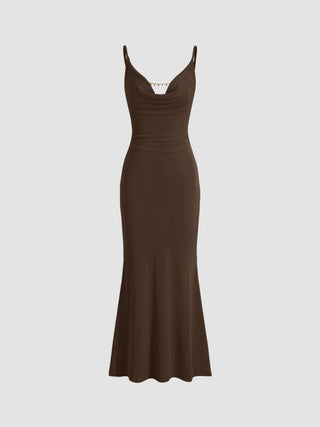Cowl Neck Backless Chain Detail Cami Mermaid Maxi Dress