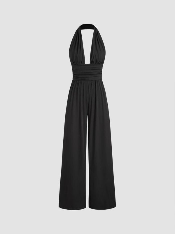 V-neck Ruched Wide Leg Jumpsuit