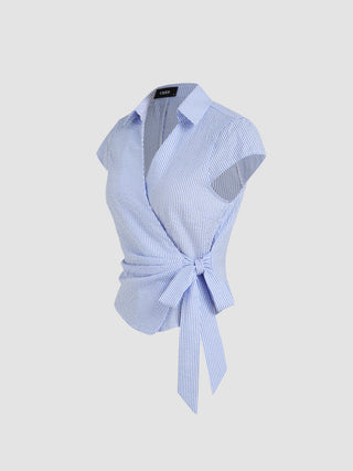 Cotton-blend Polo Neck Stripe Knotted Blouse