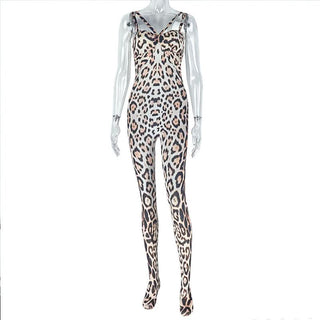 Leopard print hollow out backless cami jumpsuit