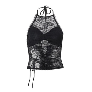 Ruffle lace halter self tie slit irregular top