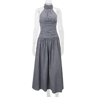 Striped halter ruched smocked maxi dress