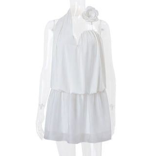 Halter flower applique ruched irregular mini dress