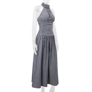 Striped halter ruched smocked maxi dress