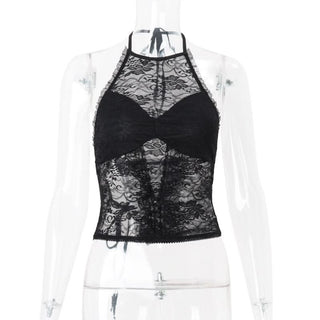 Ruffle lace halter self tie slit irregular top