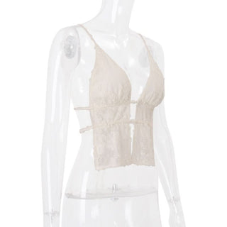 Self tie v neck hollow out lace cami cut out top