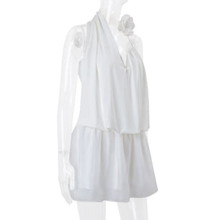 Halter flower applique ruched irregular mini dress