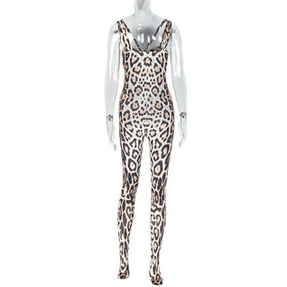 Leopard print hollow out backless cami jumpsuit