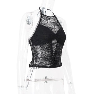 Ruffle lace halter self tie slit irregular top