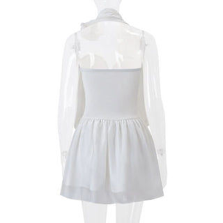 Halter flower applique ruched irregular mini dress