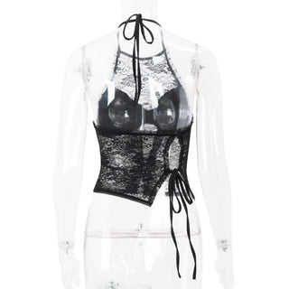 Ruffle lace halter self tie slit irregular top