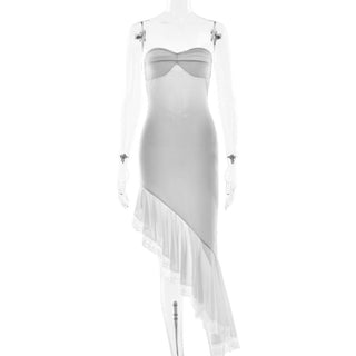 Irregular lace hem self tie tube midi dress