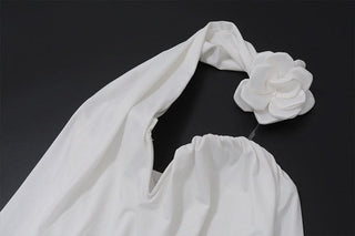 Halter flower applique ruched irregular mini dress