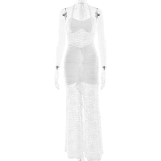 Halter self tie ruched lace v neck maxi dress