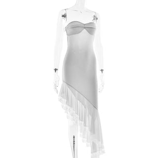 Irregular lace hem self tie tube midi dress