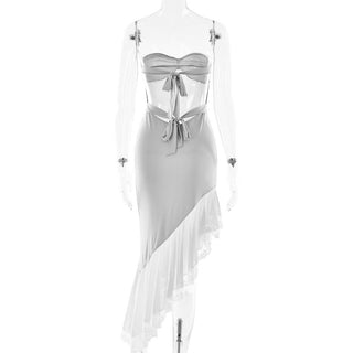 Irregular lace hem self tie tube midi dress