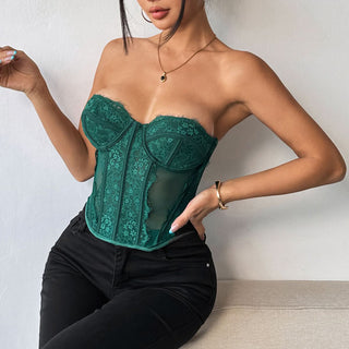 Lace corset button backless tube top