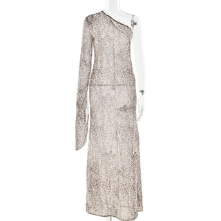 Leopard print long sleeve one shoulder chiffon maxi dress