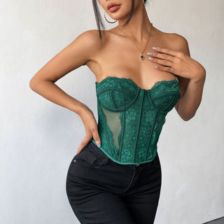 Lace corset button backless tube top