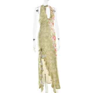 Slit ruffle flower print halter ruched mini dress