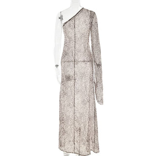 Leopard print long sleeve one shoulder chiffon maxi dress