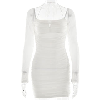 Long sleeve ruched mesh halter self tie mini dress