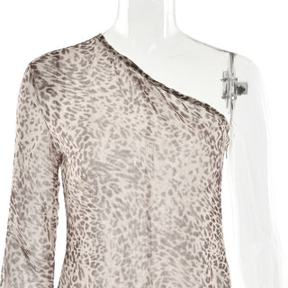 Leopard print long sleeve one shoulder chiffon maxi dress