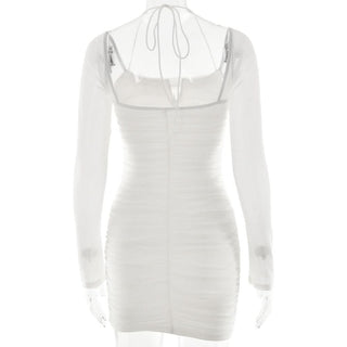 Long sleeve ruched mesh halter self tie mini dress