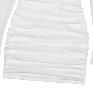 Long sleeve ruched mesh halter self tie mini dress