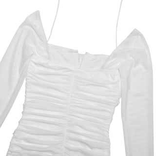 Long sleeve ruched mesh halter self tie mini dress