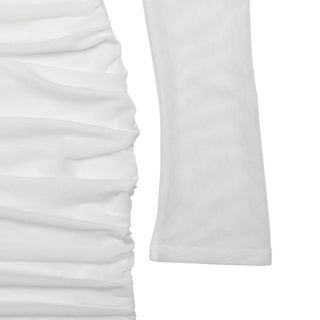 Long sleeve ruched mesh halter self tie mini dress