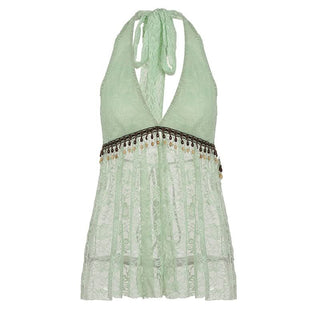 Halter self tie v neck beaded lace top