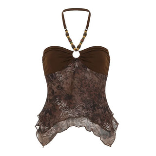 Halter o ring ruched print beaded mesh top