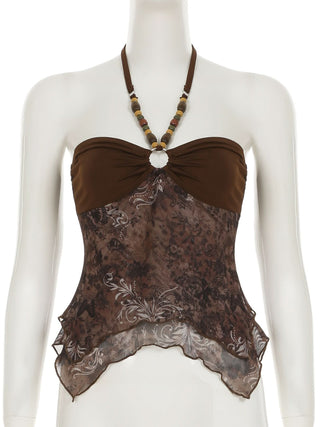 Halter o ring ruched print beaded mesh top