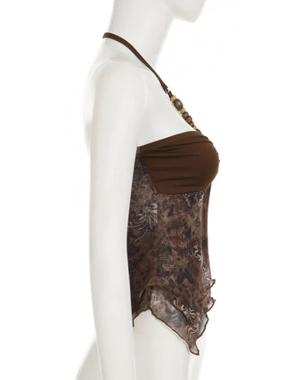 Halter o ring ruched print beaded mesh top