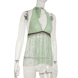 Halter self tie v neck beaded lace top