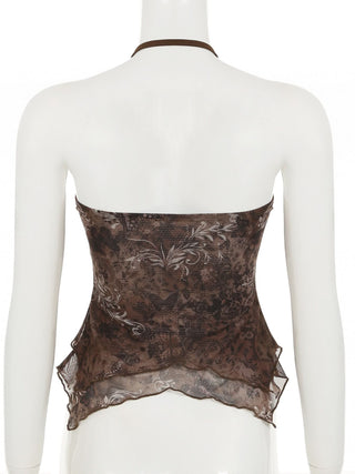 Halter o ring ruched print beaded mesh top