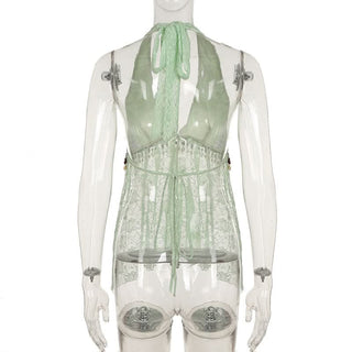 Halter self tie v neck beaded lace top