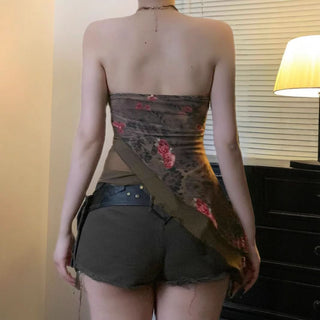 Irregular flower print mesh tube top
