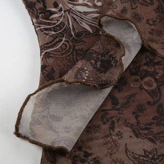 Halter o ring ruched print beaded mesh top