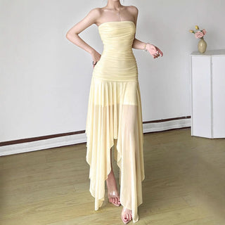 Ruched mesh backless solid tube maxi dress