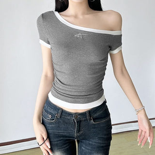 Short sleeve one shoulder embroidery top