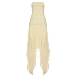 Ruched mesh backless solid tube maxi dress