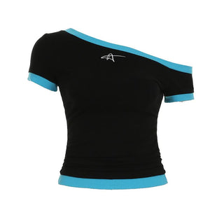 Short sleeve one shoulder embroidery top